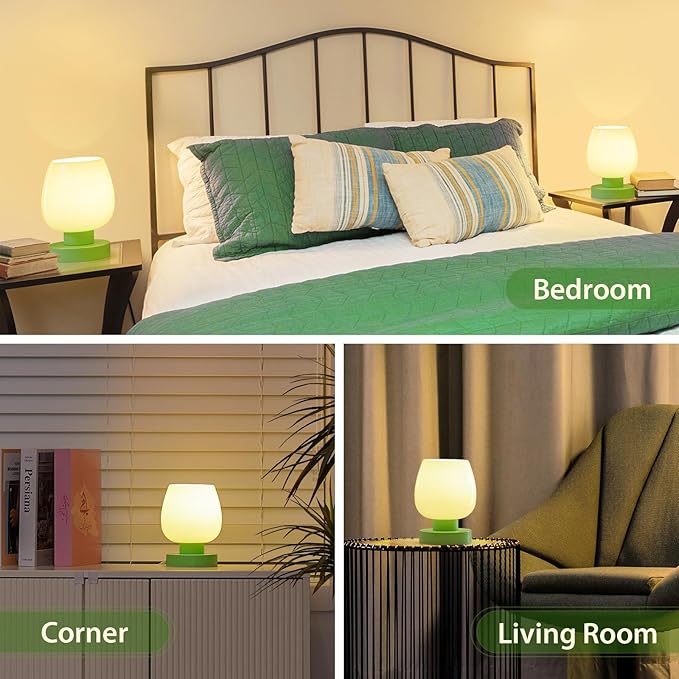 Touch Bedside Table Lamp Set of 2 - Small Modern Table Lamp for Bedroom Living Room Nightstand, 3-Way Dimable Desk lamp with Light Pink Glass Lamp Shade, 2700K LED Bulb, Simple Design Green - LeafyLoom