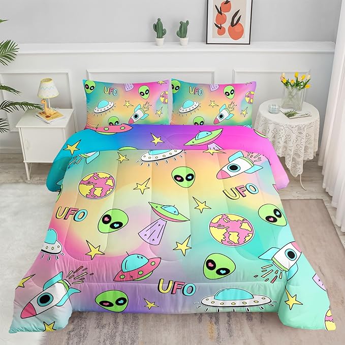 Datura home Space Alien Children Bedding Comforter Set for Girls Kids,Colorful Cartoon Outer Space Planet UFO Lovely Alien Theme Bedding Set with 1 Comforter and 2 Pillowcases(Alien3 Queen) - LeafyLoom