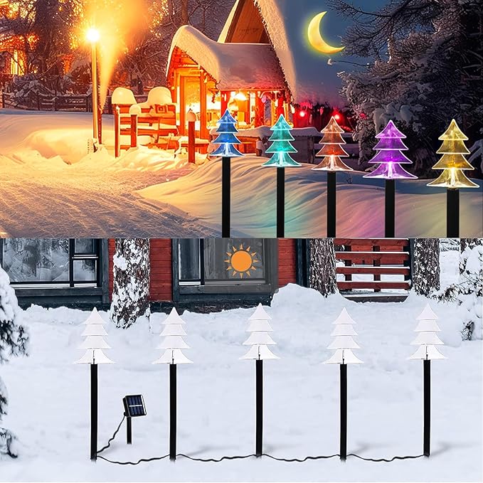 Christmas Solar Pathway Lights, Set of 5 Waterproof Landscape Christmas Lights, Stake Christmas Decorations, LED Lights for Yard Lawn Patio Walkway Decor (5PCS-Multi Colors-Tree) ILLUMINEW