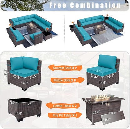 Patio Furniture Set with Fire Pit Table 13 PCS Outdoor Sectional Furniture Outdoor Rattan Patio Conversation Sets with 43in 55,000 BTU Propane Gas Fire Pit Table Glass Table, Blue - LeafyLoom