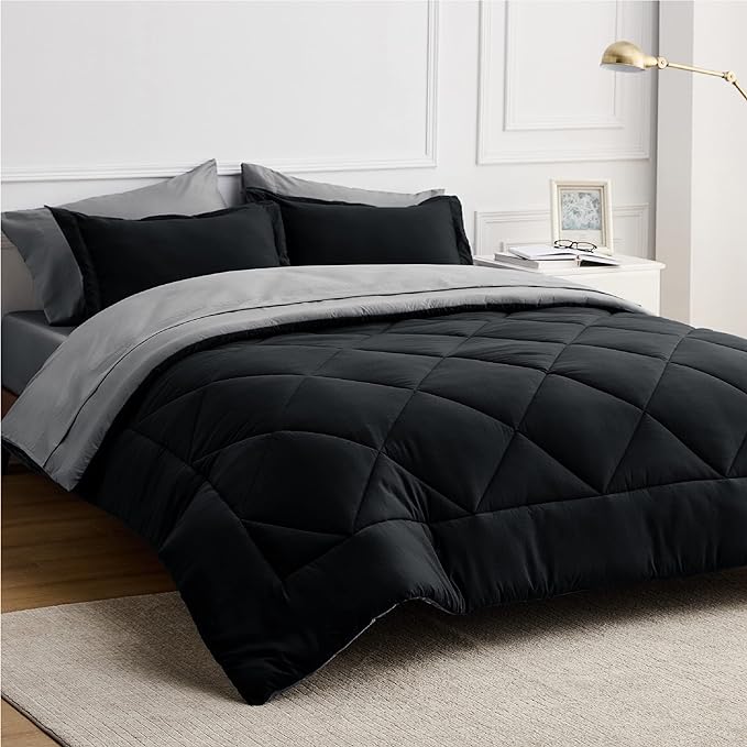 Bedsure Black Full Size Comforter Sets - 7 Pieces Reversible Comforter Set Full Bed in a Bag with Comforters, Sheets, Pillowcases & Shams, Full Bedding Sets - LeafyLoom