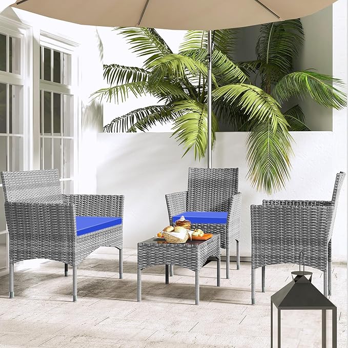 Patio Furniture, 4 Piece Conversation Set, Outdoor Wicker Rattan Table and Chairs, Sectional Sofa with Thick Cushion for Garden, Yard, or Porch, Light Grey - LeafyLoom