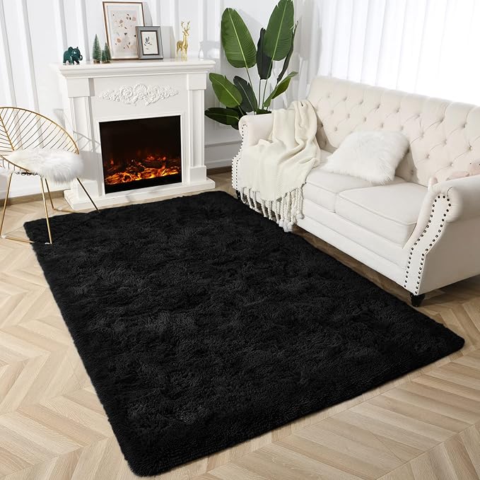 Super Soft Fluffy Shaggy Rugs 5x8 Feet for Living Room Bedroom, Fuzzy Plush Area Rugs for Girls Kids Room Nursery Home Decor, Furry Dorm Rug Cute Non-Slip Indoor Floor Carpet, Black - LeafyLoom