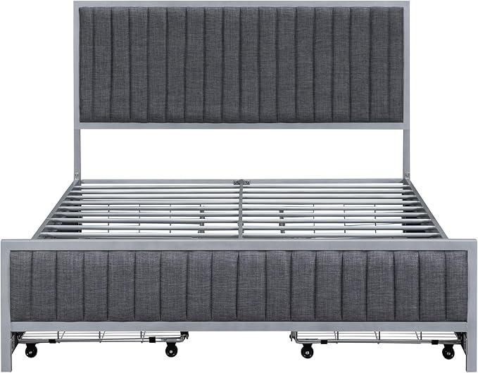 RITSU Full Size Upholstered Platform Bed with 4 Drawers, Metal Frame Tufting Linen Fabric Backrest, Large Storage Space for Bedroom, Apartment, No Need for Box Springs, Gray - LeafyLoom