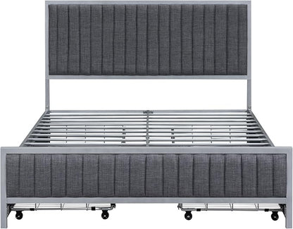 RITSU Full Size Upholstered Platform Bed with 4 Drawers, Metal Frame Tufting Linen Fabric Backrest, Large Storage Space for Bedroom, Apartment, No Need for Box Springs, Gray - LeafyLoom