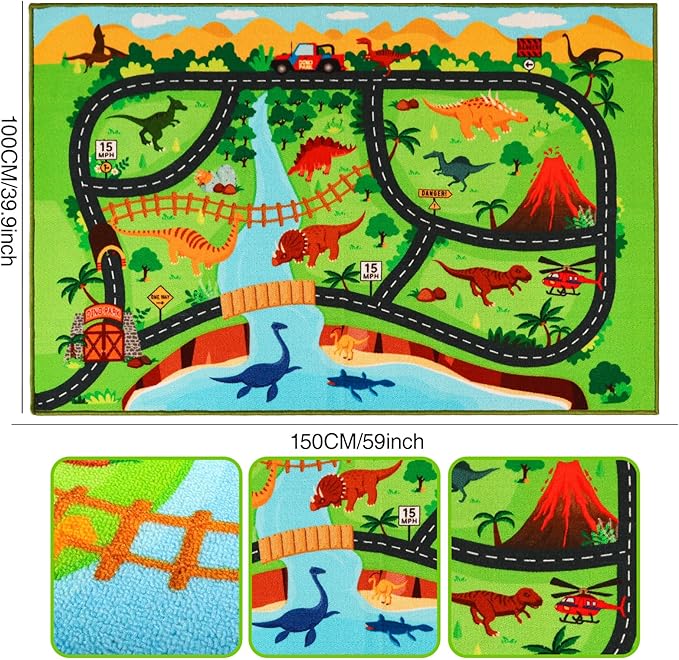 Kids Carpet Playmat Rug,59"X39.4" Dinosaur Car Rugs for Kids Toy Cars,Non Slip Dino Safari Road Map Kids Rug for Playroom Bedroom Boys,Kids Play Mat Road Rug,Track Rug Car Play Carpet for Kids - LeafyLoom