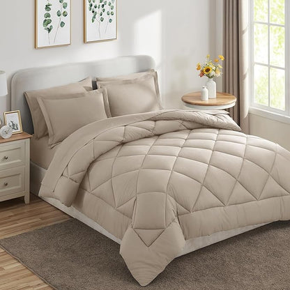 CozyLux Full Comforter Set with Sheets 7 Pieces Bed in a Bag Oatmeal All Season Bedding Sets with Comforter, Pillow Shams, Flat Sheet, Fitted Sheet and Pillowcases - LeafyLoom