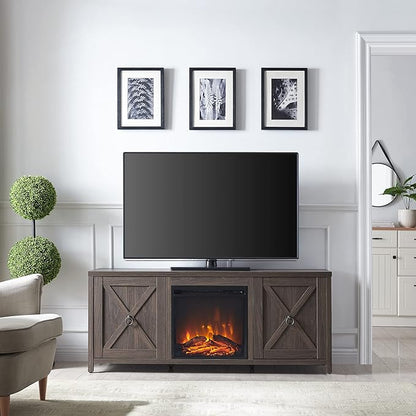 Henn&Hart Rectangular TV Stand with Log Fireplace for TV's up to 65" in Alder Brown, Electric Fireplace TV Stands for the Living Room - LeafyLoom