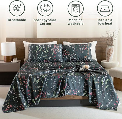 QSH Floral Egyptian Cotton Sheets King Size - Navy Floral Bedding Sheets Botanical Pattern Printed Bedding King Size Bed Sheets 17.5" Extra Deep Pocket 4pcs - LeafyLoom