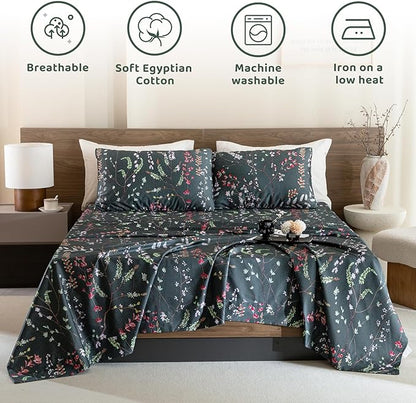 QSH Floral Egyptian Cotton Sheets Queen Size - Elegant Navy Botanical Pattern Printed Bedding Sheets Queen Size Bed Extra Soft and Breathable 4pcs Deep Pockets Bed Sheets - LeafyLoom