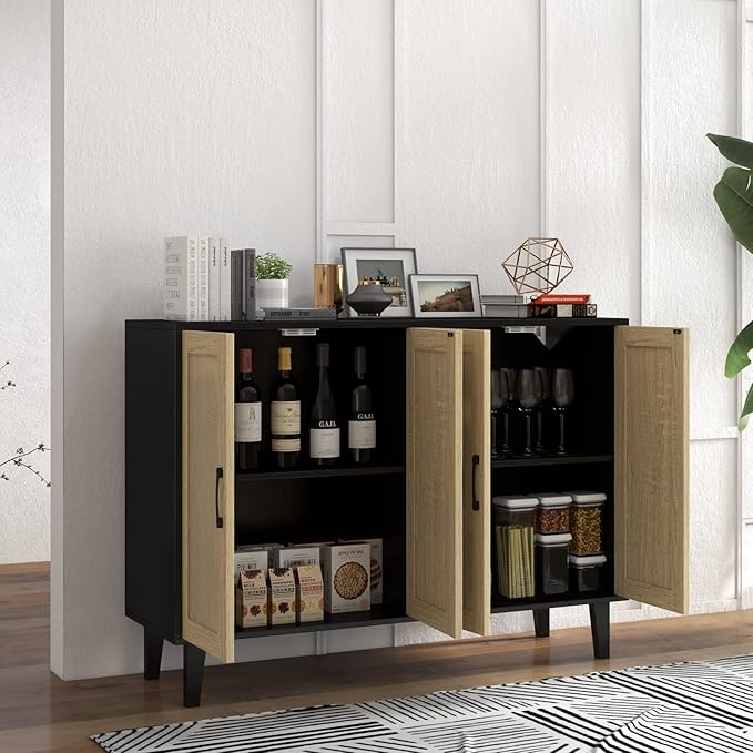 Panana Buffet Storage Cabinet with Rattan Decorating 4 Doors Living Room Kitchen Sideboard 48.43 x 34.65 x 15 inch (Black) - LeafyLoom