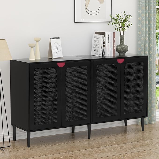 Anmytek Rattan Sideboard Buffet Cabinet with 4 Doors, Large Kitchen Storage Cabinet Black Sideboard with Adjustable Shelf Credenzas for Kitchen Living Room Hallway H0108 - LeafyLoom