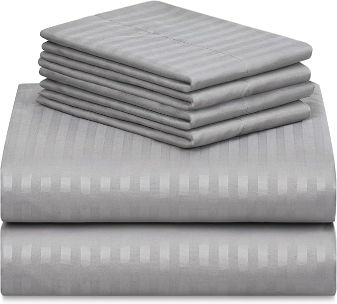 LuxClub 6 PC King Size Sheet Set Bed Sheets, Breathable Luxury Bed Sheets, Deep Pockets 18" Wrinkle Free Cooling Bed Sheets Machine Washable Hotel Bedding (King, Striped Light Grey) - LeafyLoom