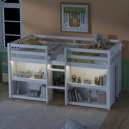 LED Twin Size Low Loft Bed for Kids,Twin Loft Bed with Storage Shelves,Kids Low Loft Bed Frame with LED Light,Space Saving, White - LeafyLoom