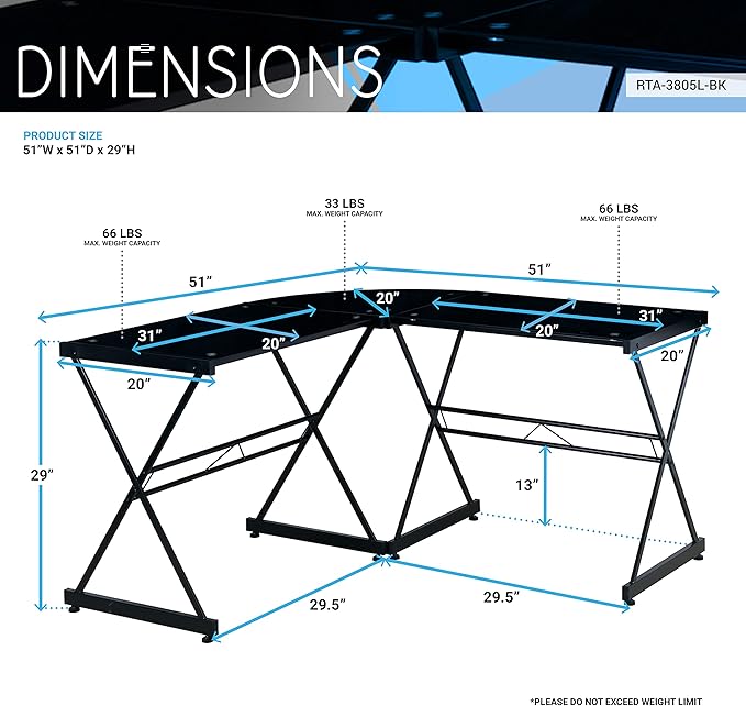 Techni Mobili RTA-3805L-BK L-Shaped Glass Computer Desk, Black, 51" D x 51" W x 29" H - LeafyLoom