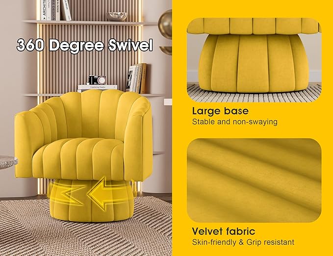 Accent Chair Mid Century 360 Degree Swivel Chair,Modern Lounge Sofa Round Barrel Chair with Wide Upholstered,Fluffy Velvet Fabric Chairs for Home Sofa Living Room/Bedroom/Waiting Room(Yellow) - LeafyLoom