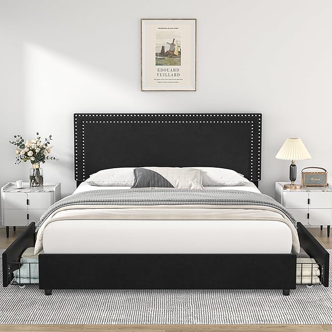 VECELO Queen Size Upholstered Platform Bed Frame with 4 Storage Drawers, Adjustable Velvet Rivets Headboard, Wooden Slats Support, No Box Spring Needed, Easy Assembly - LeafyLoom