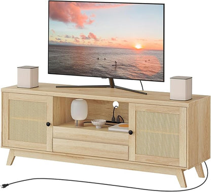 HOOBRO Rattan TV Stand for up to 65 inches TV, Large Boho Media TV Console with Charging Station, Mid Century Entertainment Center with Drawer and Adjustable Shelves for Living Room, Natural NL24UDS01 - LeafyLoom