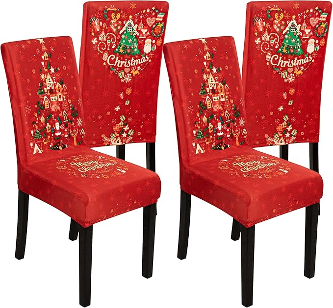 4PCS Christmas Dining Chair Covers, Stretch Removable Washable Dining Room Chair Protector Slipcovers, Xmas Tree Heart Kitchen Chair Cover, Slipcover Protector for Xmas Holiday Party Home Décor CZL