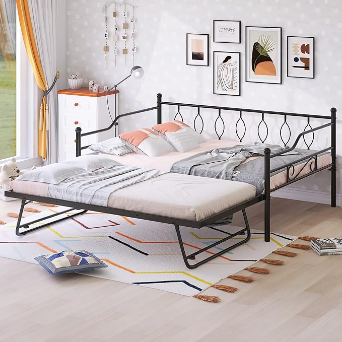 Full Daybed with Trundle, Metal Day Bed with Pull Out Trundle, Sofa Bed with Twin Size Portable Folding Trundle, Bed Frame for Bedroom, Living Room, Guest Room, Home, No Box Spring Needed, Black - LeafyLoom