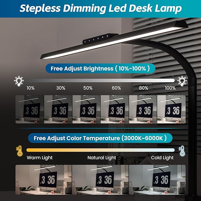 Desk Lamp, Stepless Dimming Desk Lamp with Clamp Flexible Gooseneck Desk Lamps for Home Office Eye Caring Desk Light Modern 24W Office Light for Sewing Studying Working Drawing - LeafyLoom