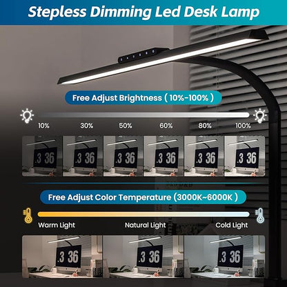 Desk Lamp, Stepless Dimming Desk Lamp with Clamp Flexible Gooseneck Desk Lamps for Home Office Eye Caring Desk Light Modern 24W Office Light for Sewing Studying Working Drawing - LeafyLoom