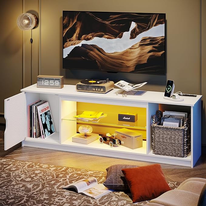 Bestier LED TV Stand with Power Outlets for 55/60/65 Inch TV, Gaming Entertainment Center with Cabinet for PS5, Modern TV Cabinet with Adjustable Glass Shelves for Bedroom 58 Inch Carbon Fiber White - LeafyLoom