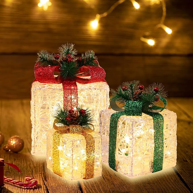 [Large 10"x8.5"x6.5" Christmas Set of 3 Lighted Clear Acrylic Gift Boxes Decorations Pre-lit 70 Super-Bright LED with Flashers,for Indoor Outdoor Pathway Holiday Party Home(Warm White) GLOWNOVA