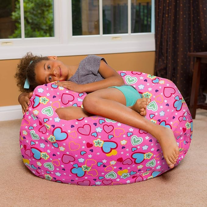 Posh Creations Bean Bag Chair for Kids, Teens, and Adults Includes Removable and Machine Washable Cover, Canvas Multi-Colored Hearts on Pink, 38in - Large - LeafyLoom