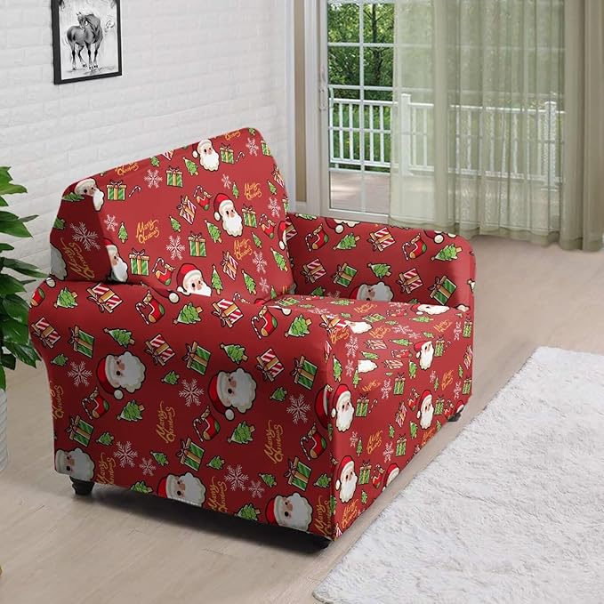 FKELYI Christmas Decor Red Sofa Slipcover for Living Room Santa Claus Sofa Couch Cover with Elastic Bottom Non-Slip Furniture Protector S FKELYI