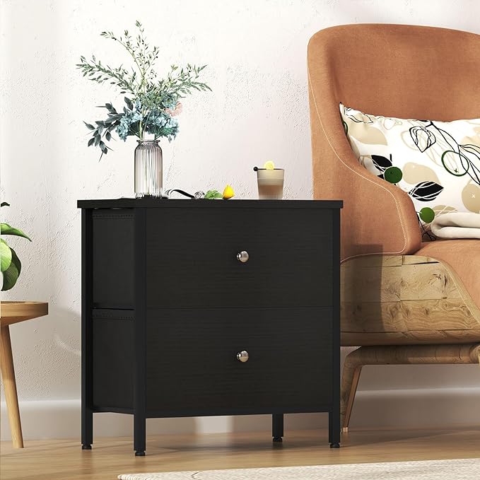 BOLUO Black Nightstands Set of 2, 2 Drawer Dresser for Bedroom Night Stand Small Nightstands End Table with Fabric Drawers Modern - LeafyLoom