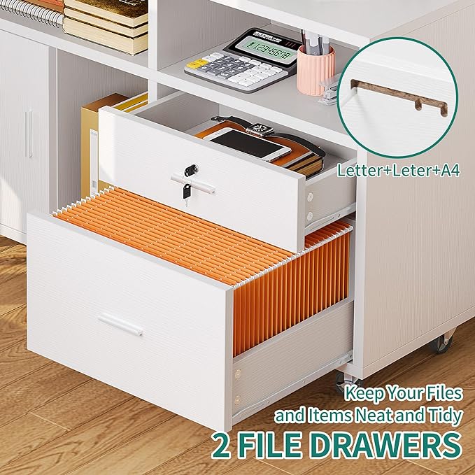 DWVO 2 Drawer File Cabinet with Charging Station, Mobile Filing Cabinet with Lock, White - LeafyLoom