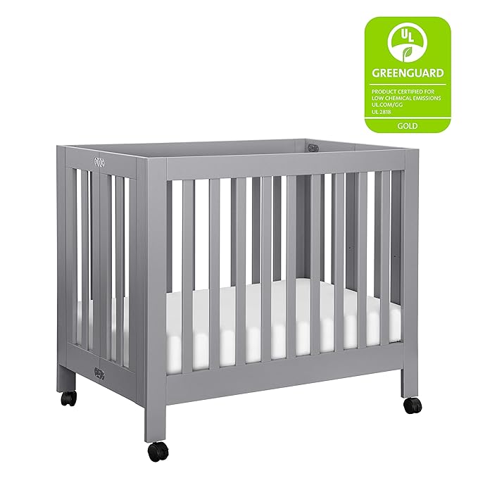 Babyletto Origami Mini Portable Folding Crib with Wheels in Grey, 2 Adjustable Mattress Positions, Greenguard Gold Certified - LeafyLoom