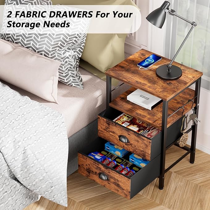 Furologee Nightstand Set of 2, Rustic Brown, with Charging Station and USB Ports, Side Tables with 2 Fabric Drawers, Bedside Tables with Storage Shelf & Hooks, for Living Room/Bedroom - LeafyLoom