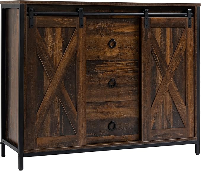 HOMCOM Industrial Farmhouse Buffet Cabinet, Kitchen Sideboard with Sliding Barn Doors, Three Drawers and Adjustable Shelves for Living Room, Rustic Brown - LeafyLoom