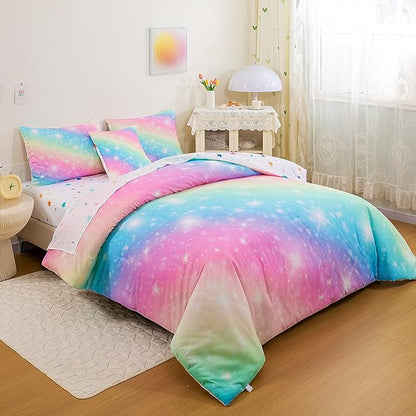 Glitter Galaxy Comforter Set 6 Pcs Bed in A Bag, Ombre Pink Blue Rainbow Girls Full Size Bedding Sets with Sheets - LeafyLoom