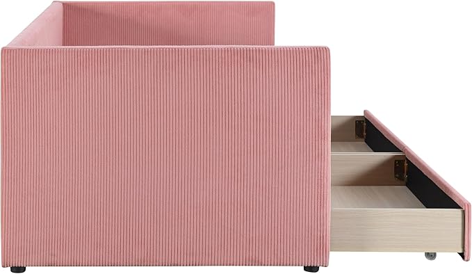 Twin Size Upholstered Daybed with 2 Storage Drawers, Corduroy Sofa Bed Frame for Living Room, Bedroom, Wood Slat Support, Pink - LeafyLoom