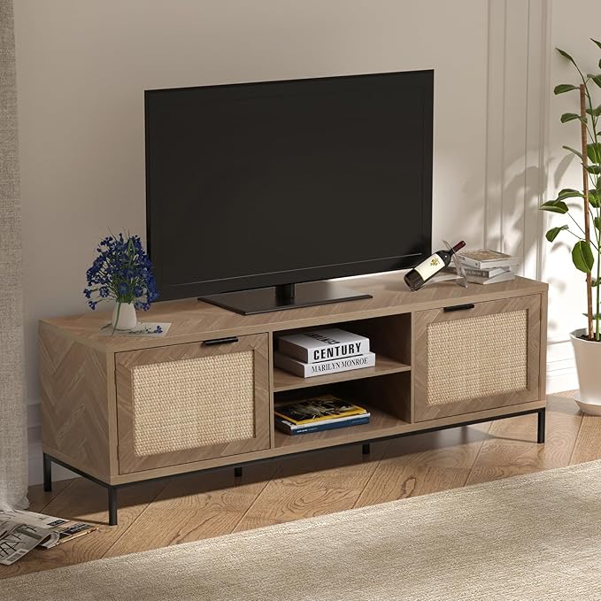 Anmytek Rattan TV Stand for 65 Inch TV Mid Century Modern Entertainment Center with Natural Rattan Door & Herringbone Texture Large TV Console Table for Living Room, Natural Oak - LeafyLoom