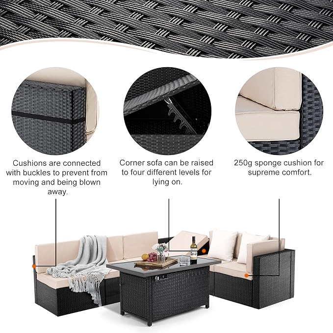 Pamapic 8 Pieces Patio Furniture Set Conversation Sofa with 42 Inch 50,000 BTU Auto-Ignition Outdoor Fire with Glass Wind Guard, Wicker Sofa (Black Wicker, Beige Cushions) - LeafyLoom