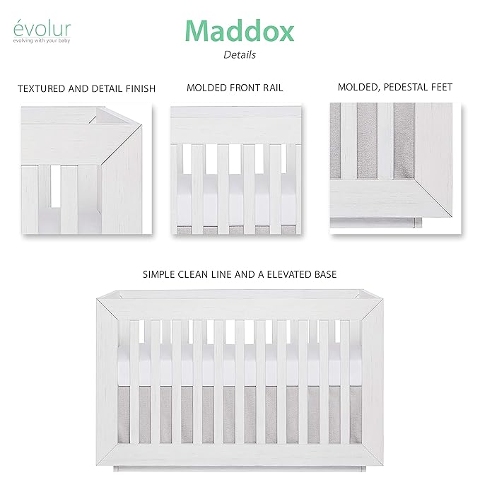 Dream On Me Evolur Maddox Modern Crib, Weathered White - LeafyLoom