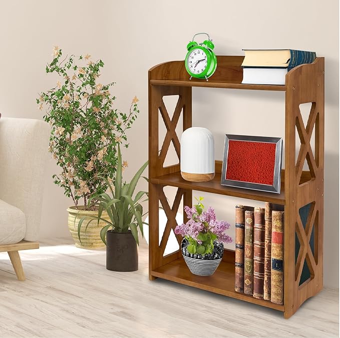 Side Table 3 Tier Bookshelf, Natural Wood Bookcase with Storage Shelf, Table Nightstand, Small Bookshelf, Open Bookcase, Display Rack for Office, Bedroom, Living Room and Kitchen (Brown) - LeafyLoom