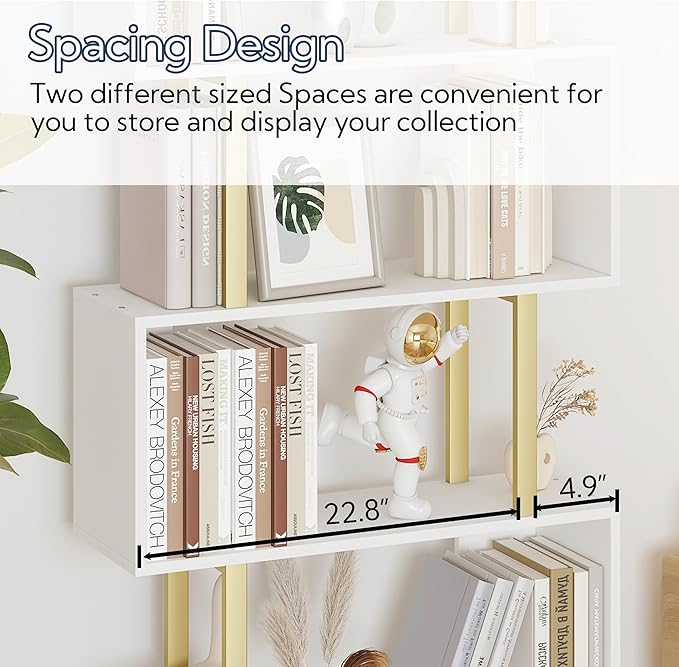 Yusong Geometric Bookcase, S Shaped Bookshelf 6-Tier Book Shelves for Bedroom, Modern Wood Decorative Display Shelf Tall Book Case for Home Office, Gold and White - LeafyLoom