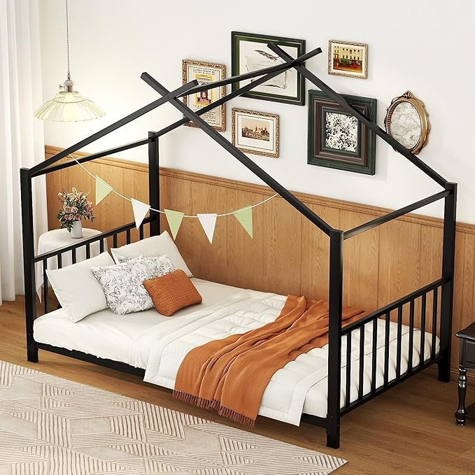 Twin Size Kids Montessori Floor Bed,House Bed Frame with High Headboard,Twin Floor Bed with Roof for Boys Girls,Floor Bed Metal Frame (Black) - LeafyLoom