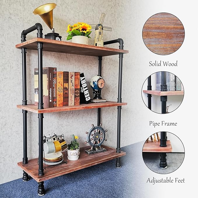 3 Tier Industrial Pipe Bookcase, Rustic Farmhouse Bookshelf with Solid Wood for Living Room, Kitchen, Office - LeafyLoom