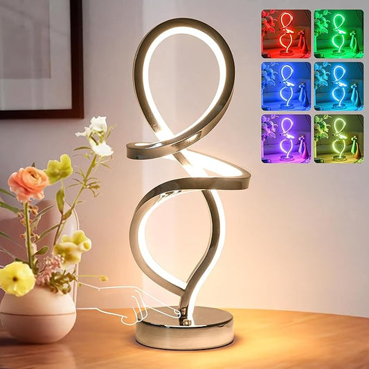 Modern Table Lamp, RGB Table Lamp，LED Spiral Lamp, Silver Bedside Lamp with 7 Colors 10 Light Modes, Touch Dimmable Nightstand Lamp for Bedroom Living Room Home Office, 15W - LeafyLoom