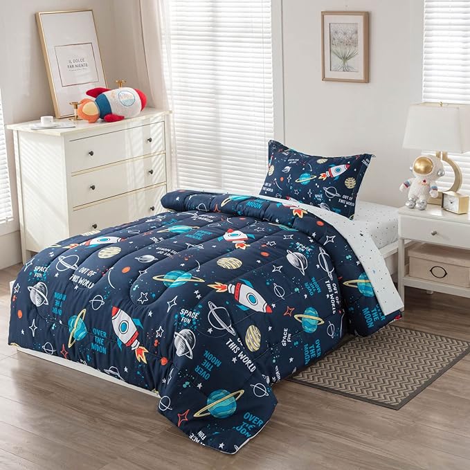 Planet Twin Comforter Set for Boys Girls 4-Piece Rocket Kids Bedding Sets Galaxy Space Stars Bedroom Decor - Include Reversible Comforter, Flat Sheet, Fitted Sheet and Pillowcase - LeafyLoom