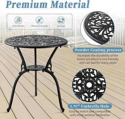 3 Piece Bistro Patio Set Cast Aluminum Bistro Table and Chairs Set of 2 with Cushion,Outdoor Bistro Table Set with Umbrella Hole,Metal Patio Furniture Set for Garden,Black - LeafyLoom