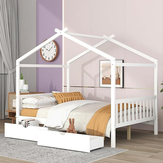 Full Size Bed Frame with Headboard and Footboard, Low House Bed/Full Bed Frame with Storage Drawer, Wood Bed Frame for Kids, Girls, Boys (White Drawer, Full) - LeafyLoom