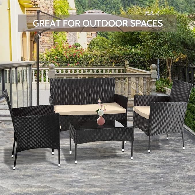 FDW Patio Furniture Set 4 Pieces Outdoor Rattan Chair Wicker Sofa Garden Conversation Bistro Sets for Yard,Pool or Backyard - LeafyLoom