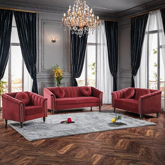 Velvet Living Room Sofa Set 3 Piece Modern Decor Sofa and Loveseat Set with Scroll Arms and Nailhead, Includes 2 Loveseat Couch and Armchair Red - LeafyLoom